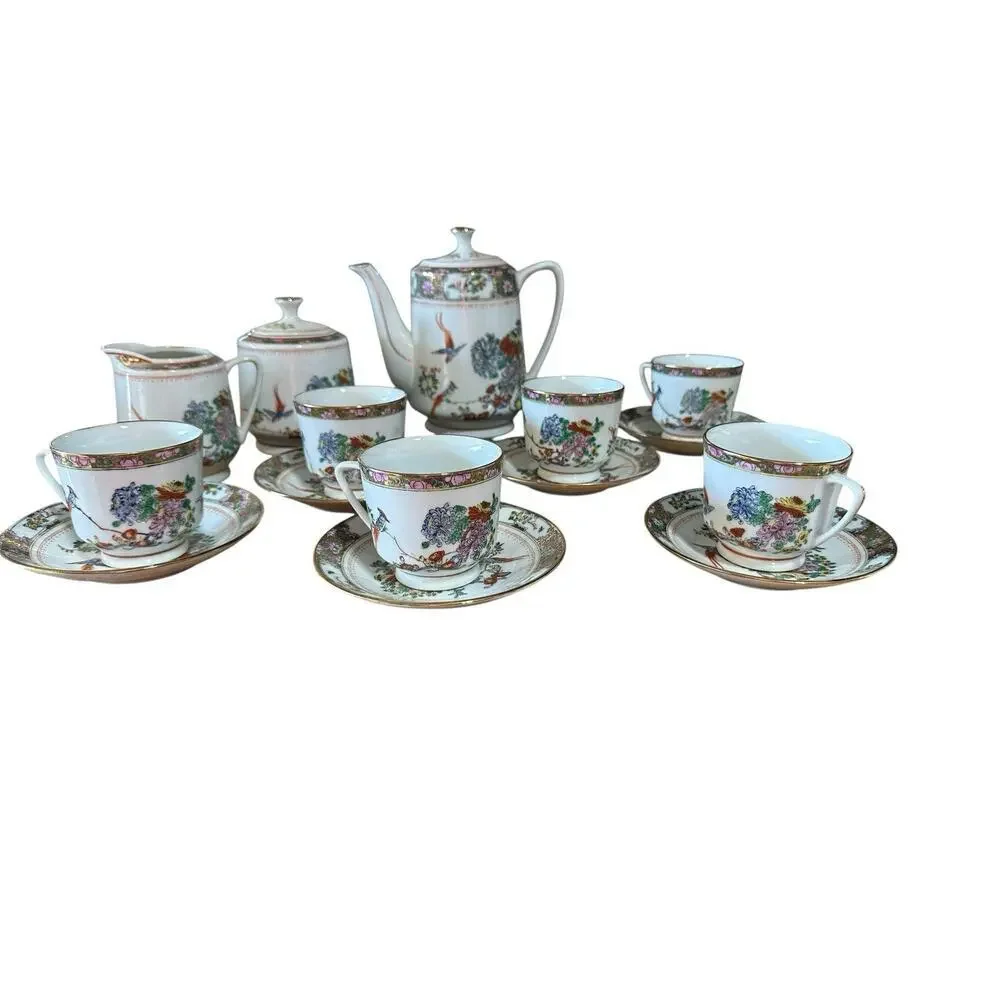 Vintage Chinese Porcelain Painting Tea Set, Hand Painted Birds & Flowers,
